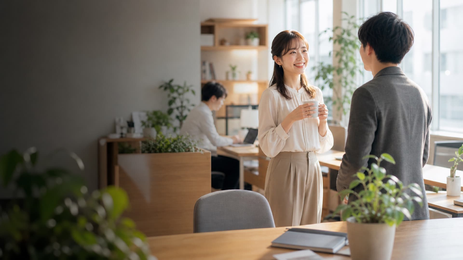 Employees having a calm conversation in a bright workplace